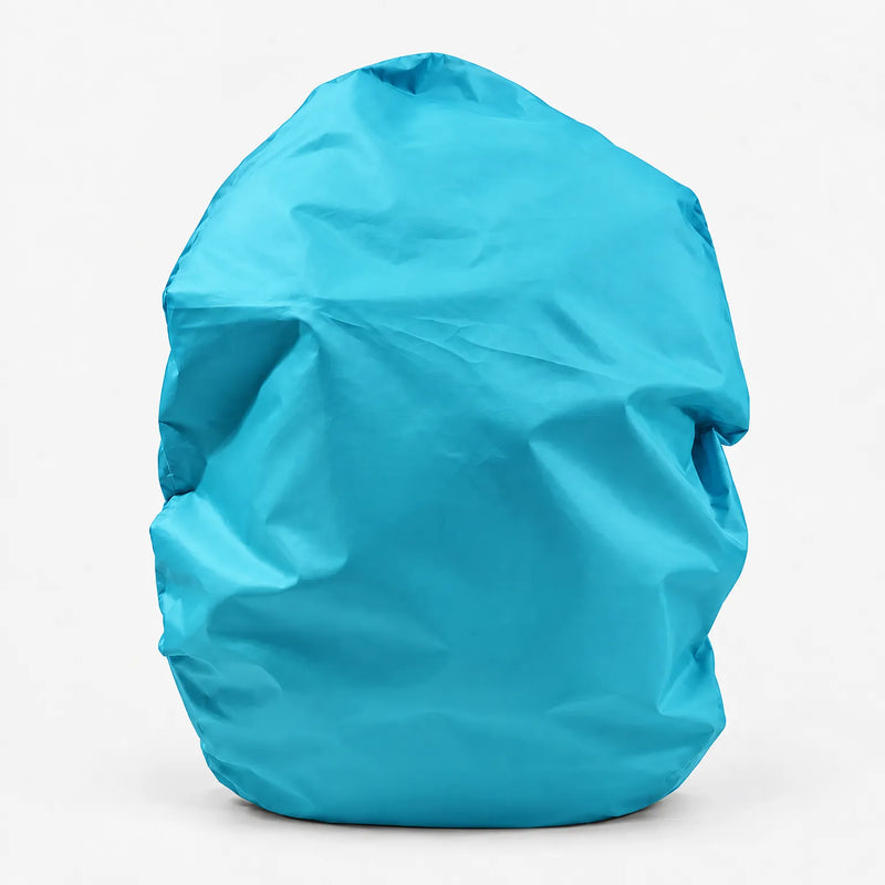 Turquoise rucksack cover pulled over a bag, shown from the front against a plain white background. 10