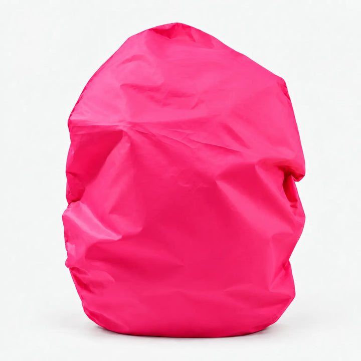 Hot pink rucksack cover pulled over a bag, shown from the front against a plain white background. 11