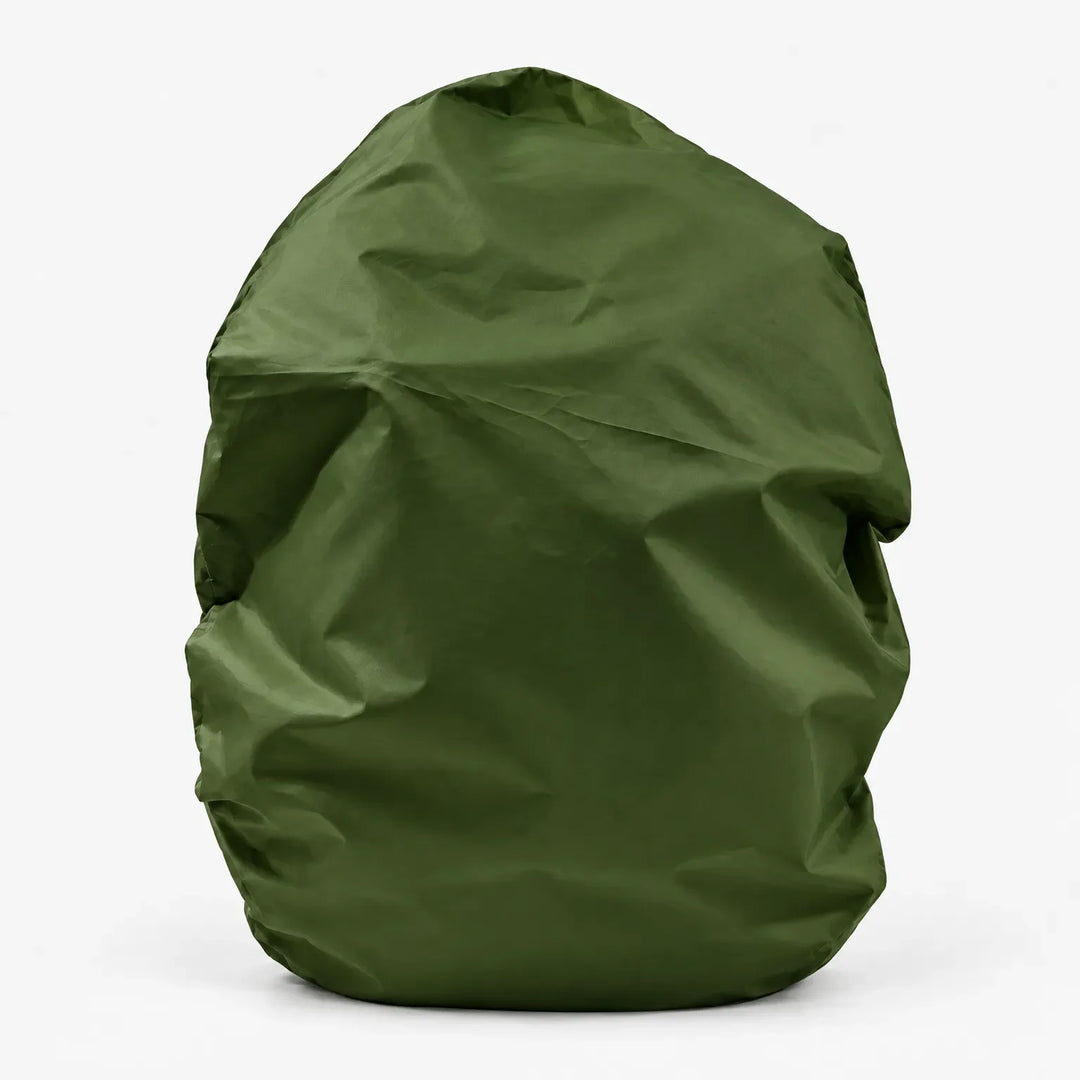 Dark green rucksack cover pulled over a bag, shown from the front against a plain white background. 13