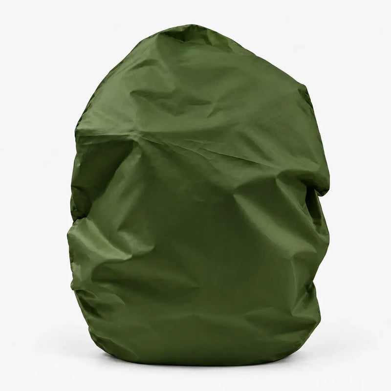 Dark green rucksack cover pulled over a bag, shown from the front against a plain white background. 13