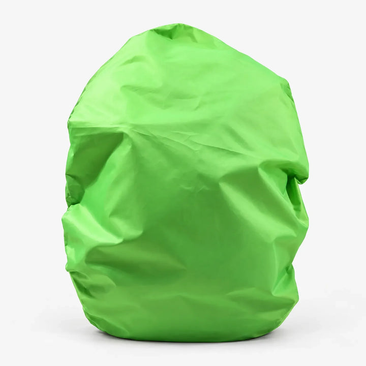 Bright lime green rucksack cover pulled over a bag, shown from the front against a plain white background. 2