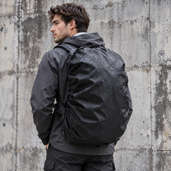 Man seen from behind wearing a black jacket and a rucksack with a black cover beaded with raindrops, in front of concrete. 3