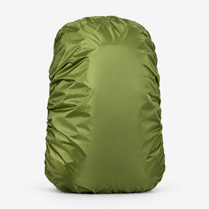 Olive green rucksack cover stretched over a pack, front view on white, with gathered folds around the edges. 4