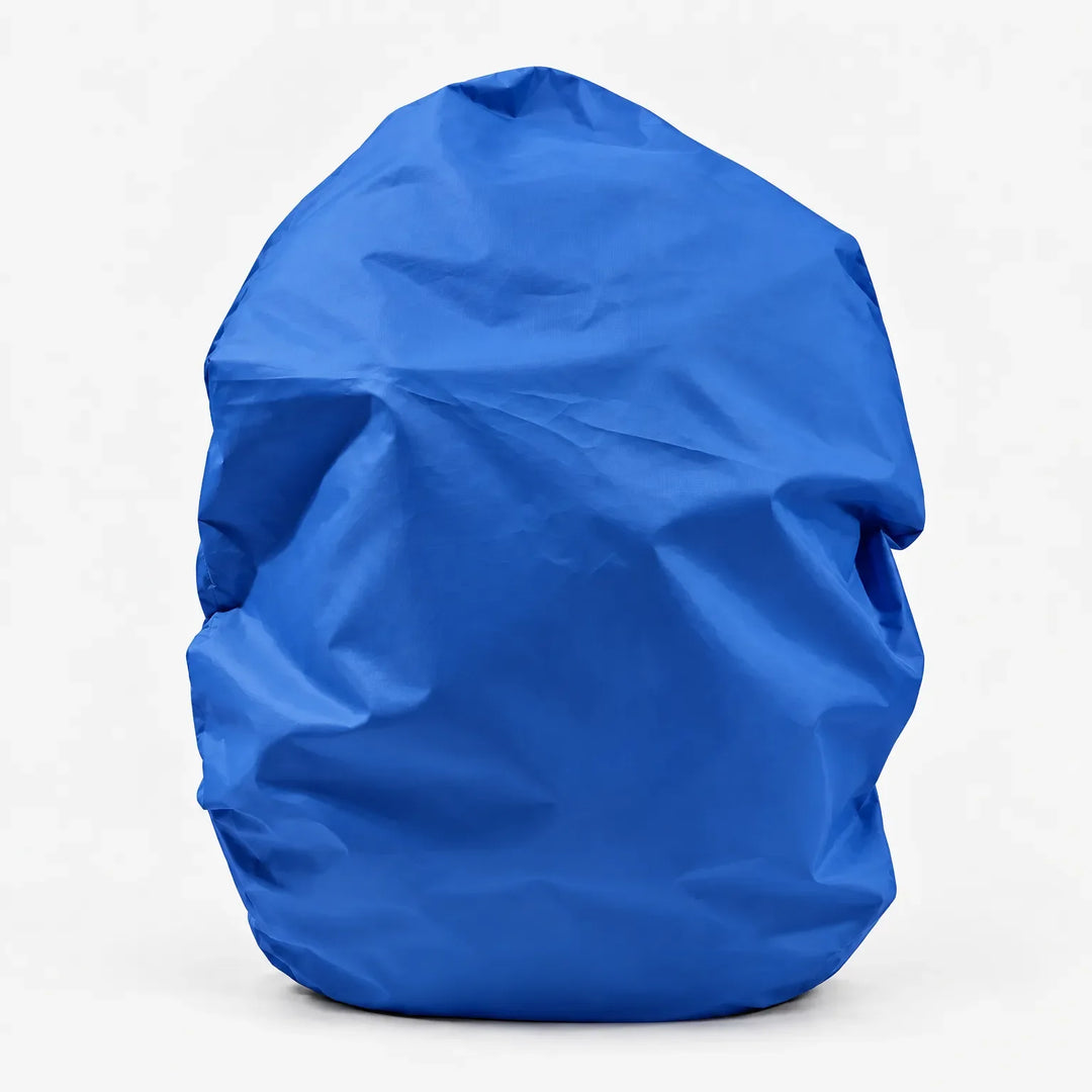 Bright blue rucksack cover pulled over a bag, shown from the front against a plain white background. 7