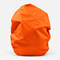 Vivid orange rucksack cover pulled over a bag, shown from the front against a plain white background. 9