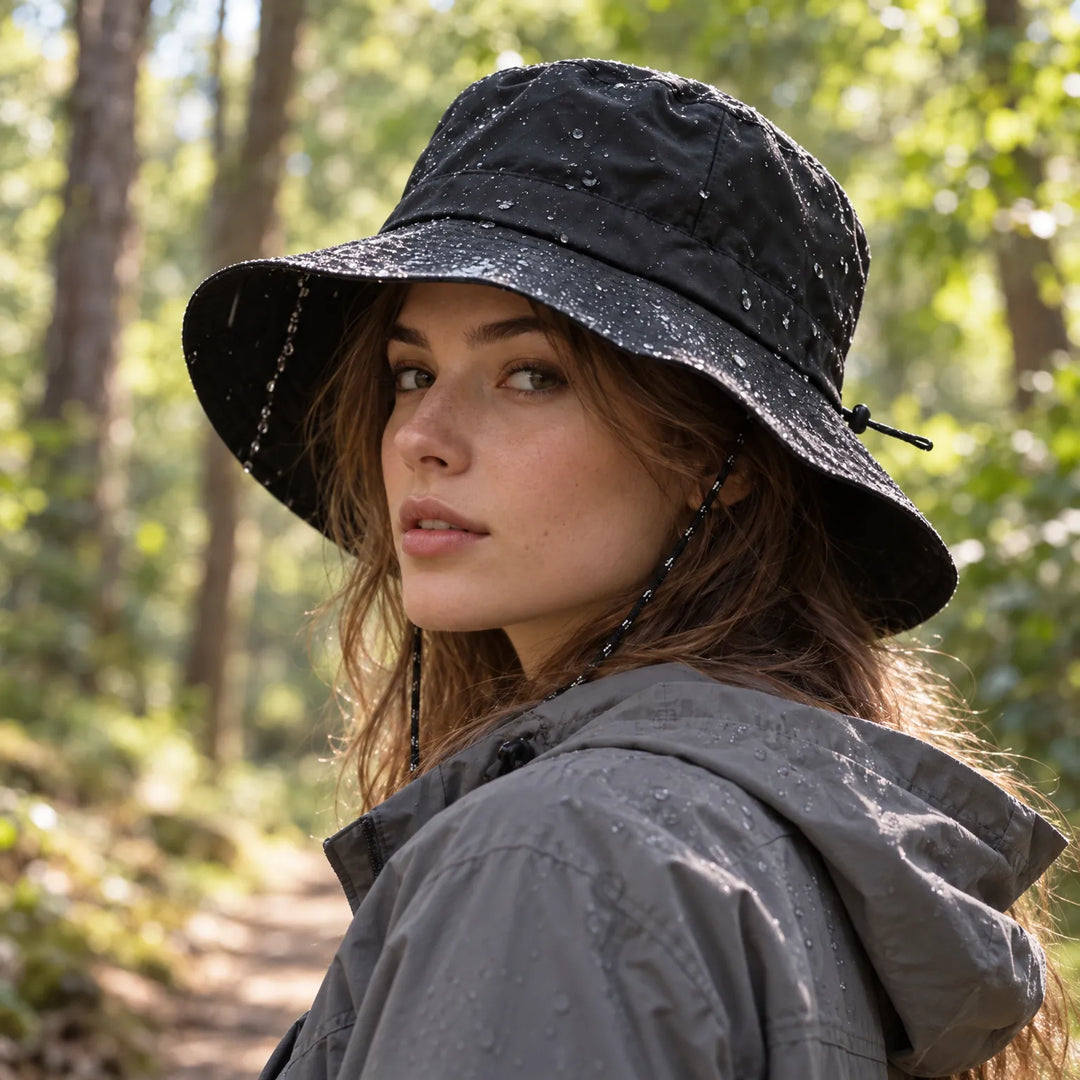 Woman in a forest wearing a black bucket rain hat with chin cord, water droplets beading on the brim and crown. 1