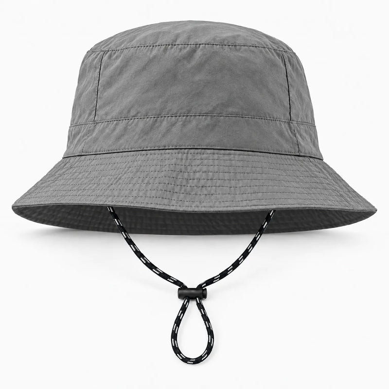 Front view of a grey bucket hat with a smooth crumpled finish, stitched brim and drawcord with toggle. 10