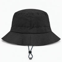 Back view of a black bucket hat showing the rear seam, rows of brim stitching and the drawcord toggle. 11