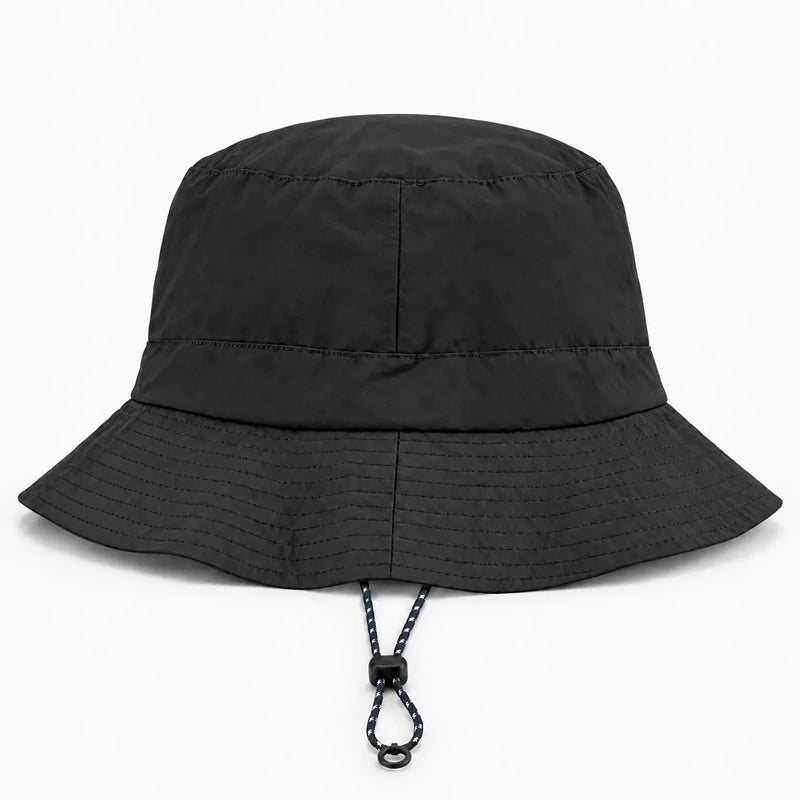 Back view of a black bucket hat showing the rear seam, rows of brim stitching and the drawcord toggle. 11