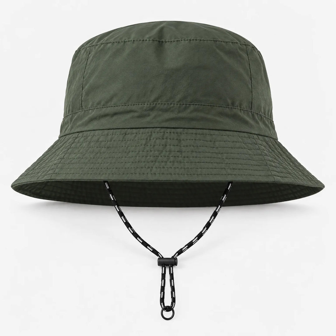 Front view of an olive green bucket hat with stitched brim and drawcord hanging below, ring-style end visible. 12