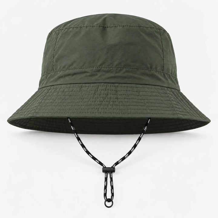 Front view of an olive green bucket hat with stitched brim and drawcord hanging below, ring-style end visible. 12