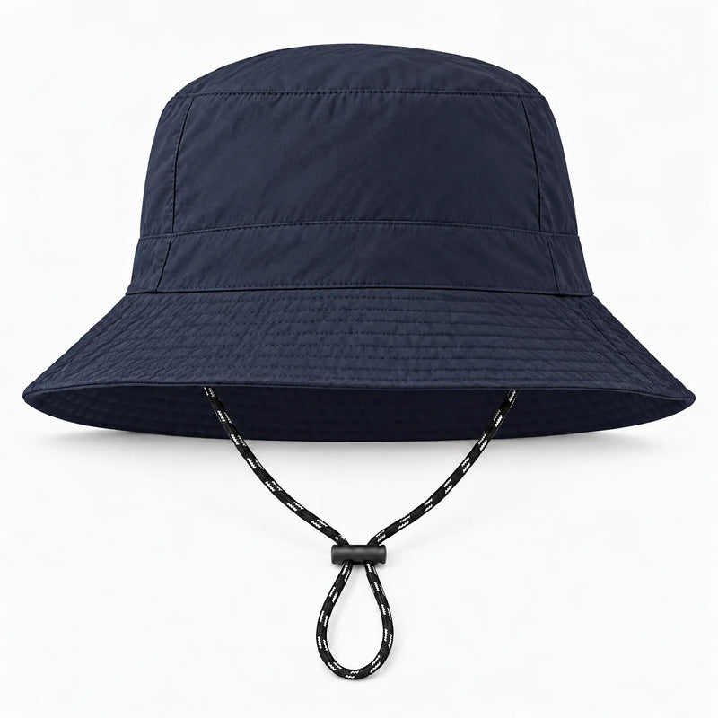 Front view of a navy bucket hat with stitched brim and black-and-white drawcord with toggle, on white. 13