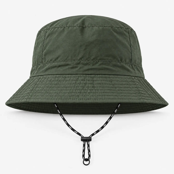 Front view of an olive green bucket hat on a white background, with drawcord and toggle hanging below the brim. 4