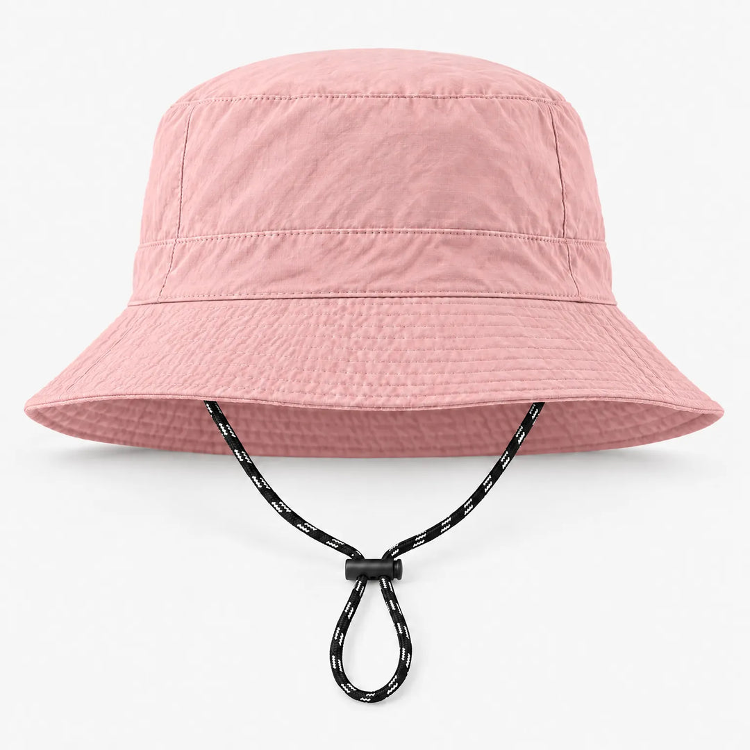 Front view of a pink bucket hat with a subtle ripstop texture, brim stitching and black-and-white drawcord. 8