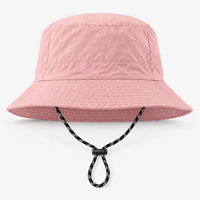 Front view of a pink bucket hat with a subtle ripstop texture, brim stitching and black-and-white drawcord. 8