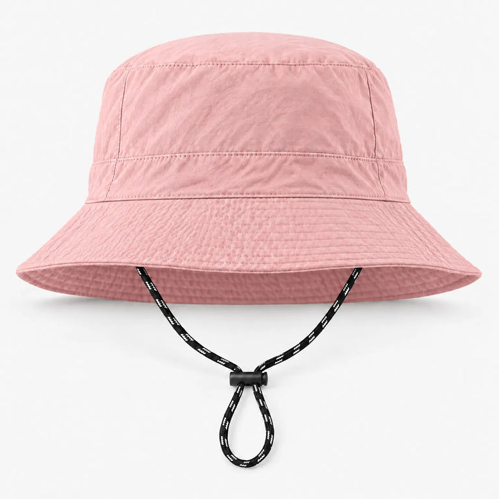 Front view of a pink bucket hat with a subtle ripstop texture, brim stitching and black-and-white drawcord. 8