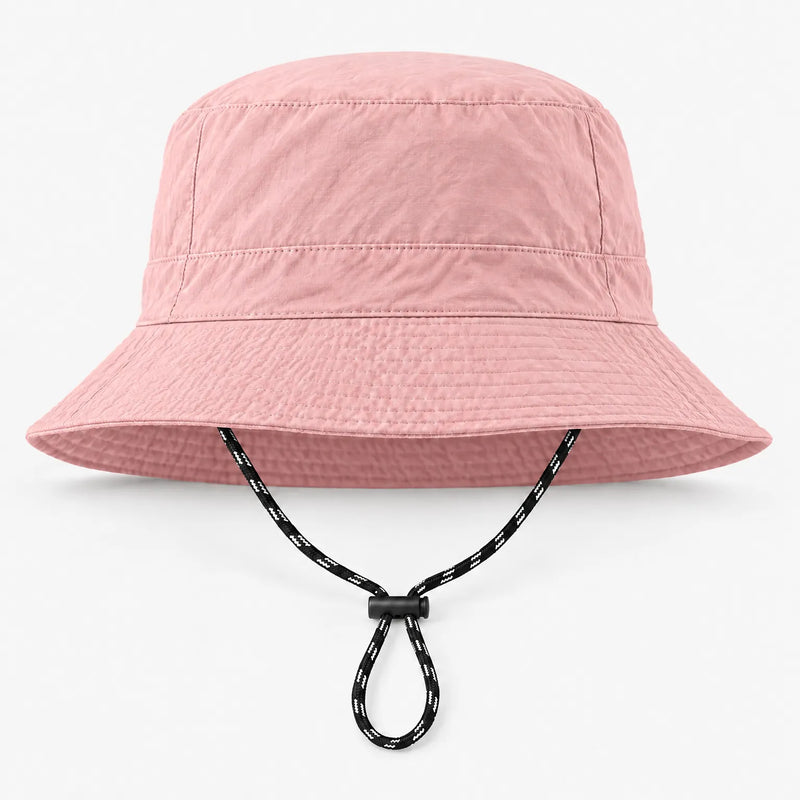 Front view of a pink bucket hat with a subtle ripstop texture, brim stitching and black-and-white drawcord. 8