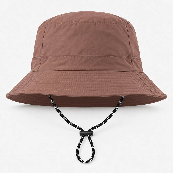 Front view of a brown bucket hat on a white background, with stitched brim and adjustable drawcord. 9