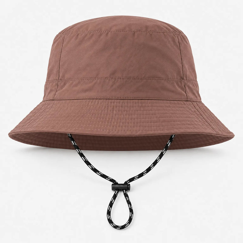 Front view of a brown bucket hat on a white background, with stitched brim and adjustable drawcord. 9