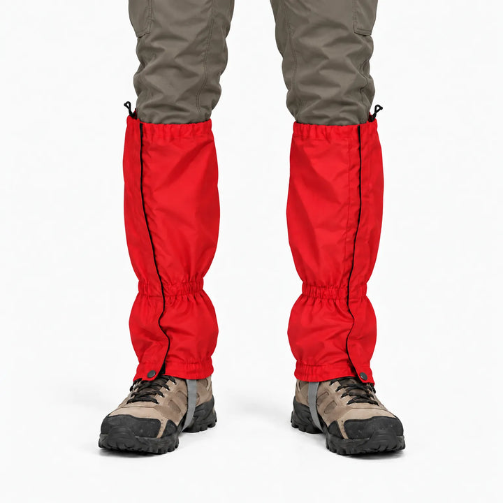 Front view of red gaiters worn over hiking boots with olive trousers, showing side zips, snap fasteners and drawcord tops. 8