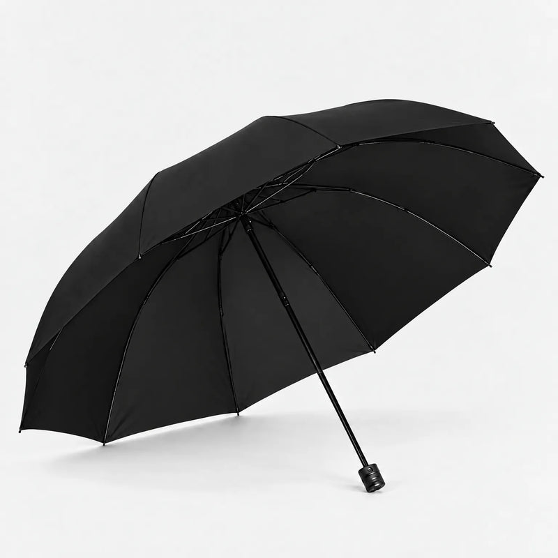 Open black umbrella tilted to show its underside, metal ribs and straight handle against a white background. 5