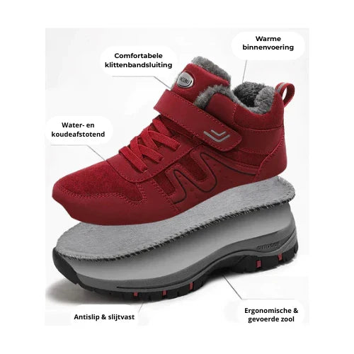 Red boot with exploded sole layers and callouts for warm lining, strap, water resistance and grip 2