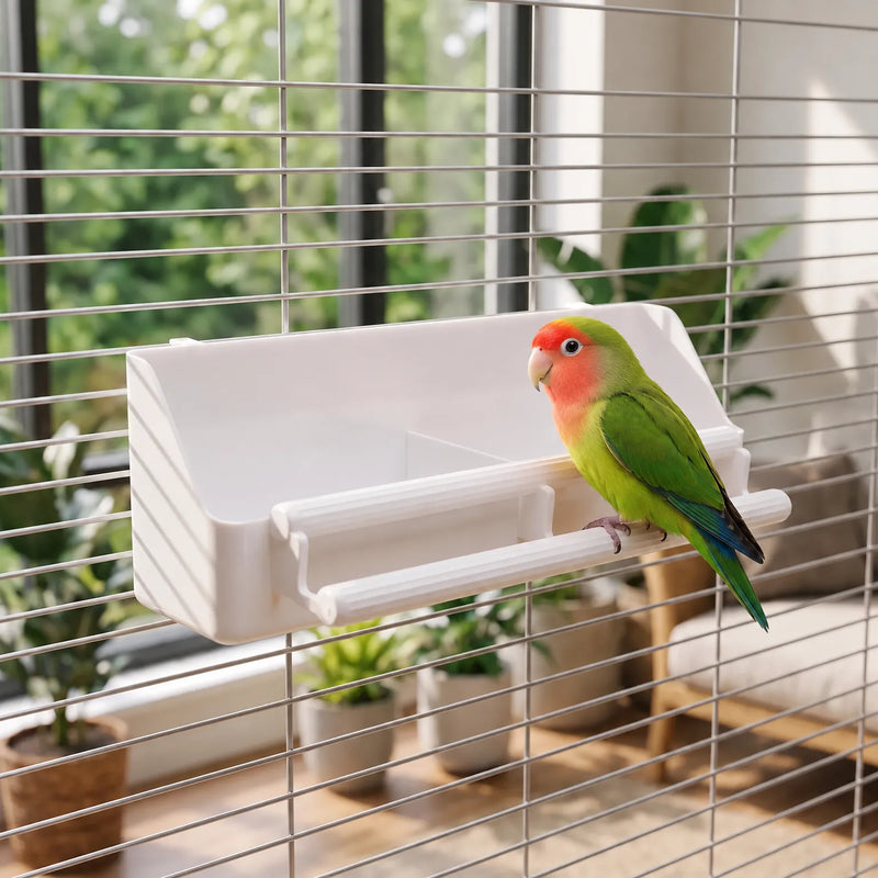 Green lovebird with a red face perching on the feeder's lower bar, fitted to a cage in a bright room. 2