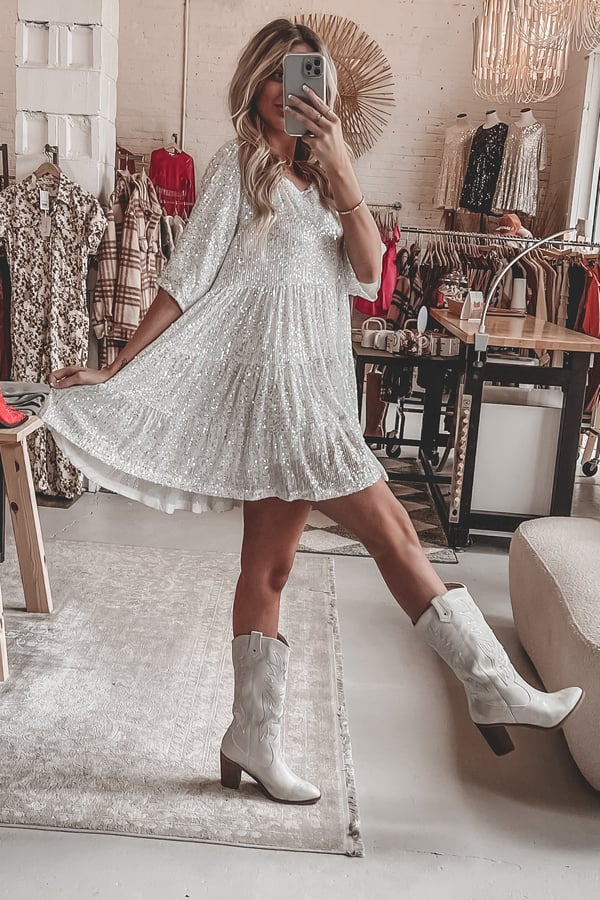 A-line Dress - ShimmerFlow-Silver-M-State of Style