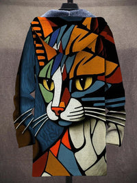 Abstract Cat Print Cardigan with Plush Lining - Luna-S-State of Style
