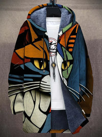Abstract Cat Print Jacket with Plush Lining - Luna-S-State of Style
