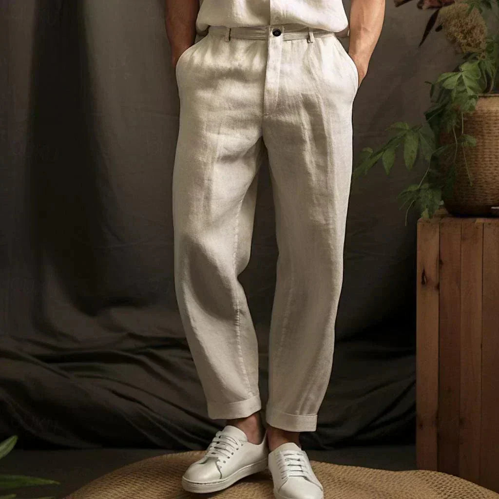 Airy Straight Linen Trousers for Men with Relaxed Fit - Lennox-Beige-S-State of Style