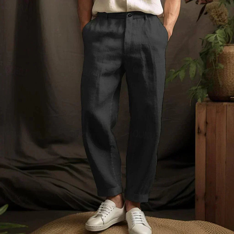 Airy Straight Linen Trousers for Men with Relaxed Fit - Lennox-Black-S-State of Style