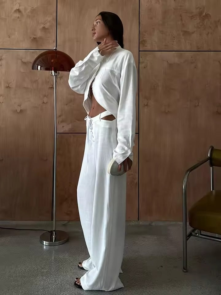 Airy & Stylish Two-Piece Linen Set with Long Sleeve Top and Trousers for Women – Nayela-White-S-State of Style