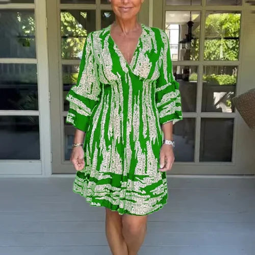 Airy & Stylish Women's Dress with V-Neck and 3/4 Sleeves – Elina-Green-S-State of Style
