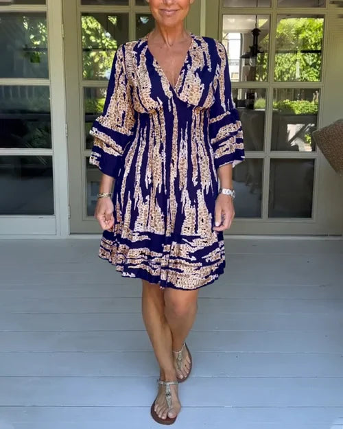 Airy & Stylish Women's Dress with V-Neck and 3/4 Sleeves – Elina-Navy blue-S-State of Style