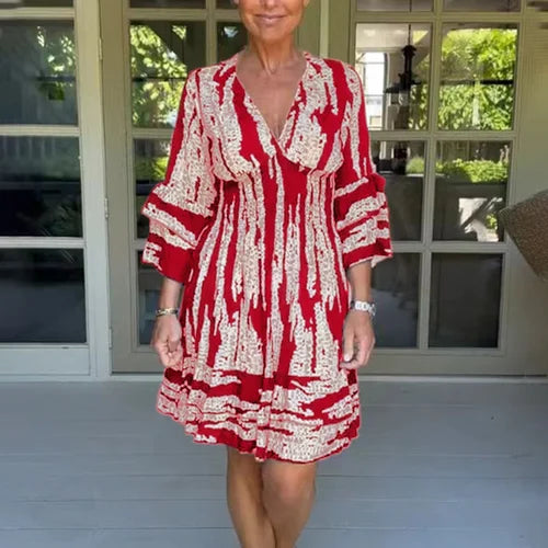 Airy & Stylish Women's Dress with V-Neck and 3/4 Sleeves – Elina-Red-S-State of Style