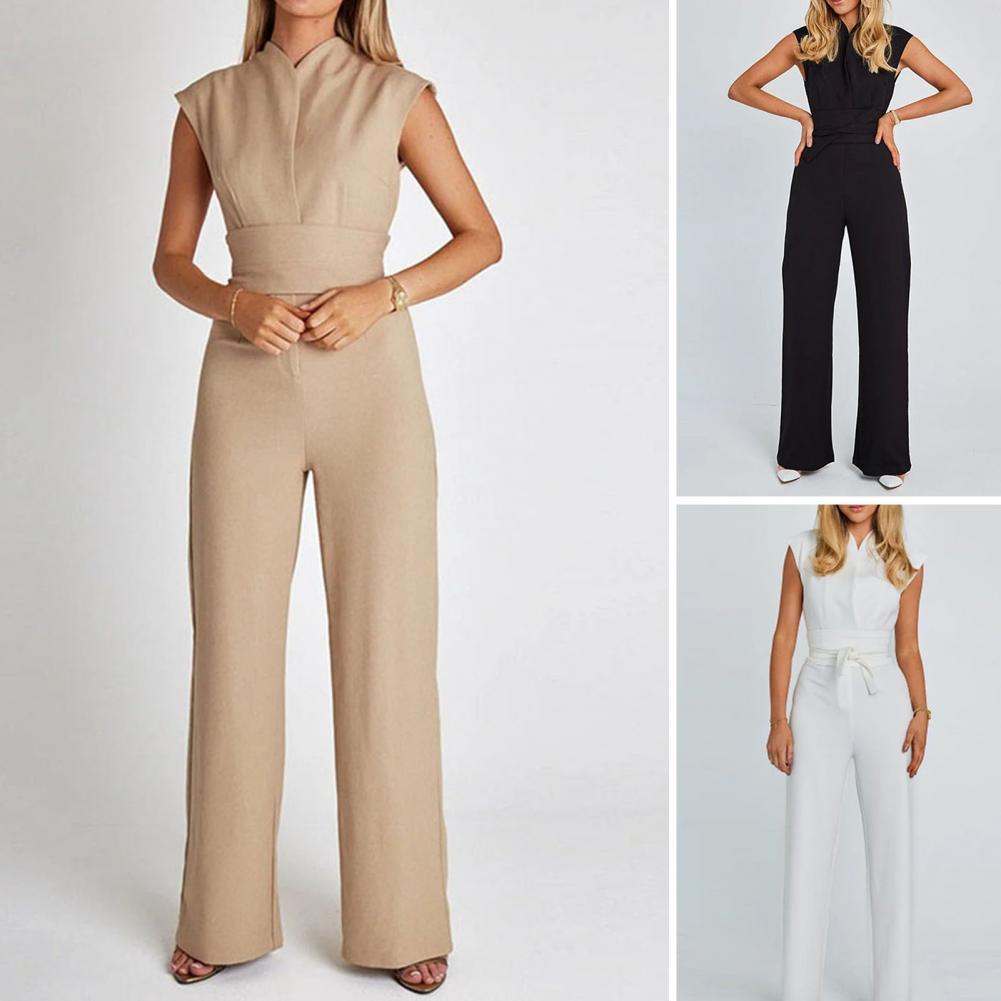 Airy women's jumpsuit with wide legs and a V-neck – Maribel-Black-S-State of Style