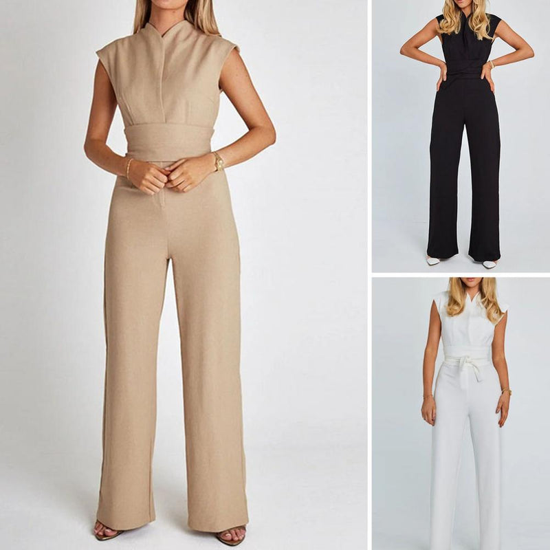 Airy women's jumpsuit with wide legs and a V-neck – Maribel-Black-S-State of Style