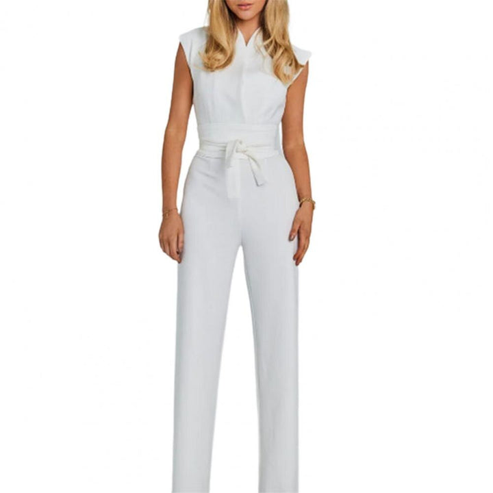 Airy women's jumpsuit with wide legs and a V-neck – Maribel-White-S-State of Style
