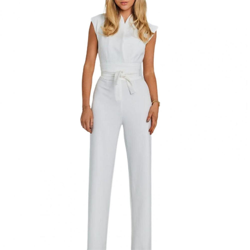 Airy women's jumpsuit with wide legs and a V-neck – Maribel-White-S-State of Style