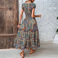 Airy women's maxi dress with ethnic print & V-neck – Nayeli-Blue-S-State of Style