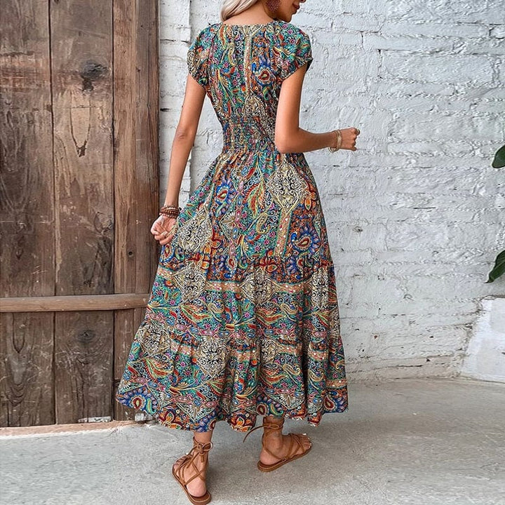 Airy women's maxi dress with ethnic print & V-neck – Nayeli-Blue-S-State of Style