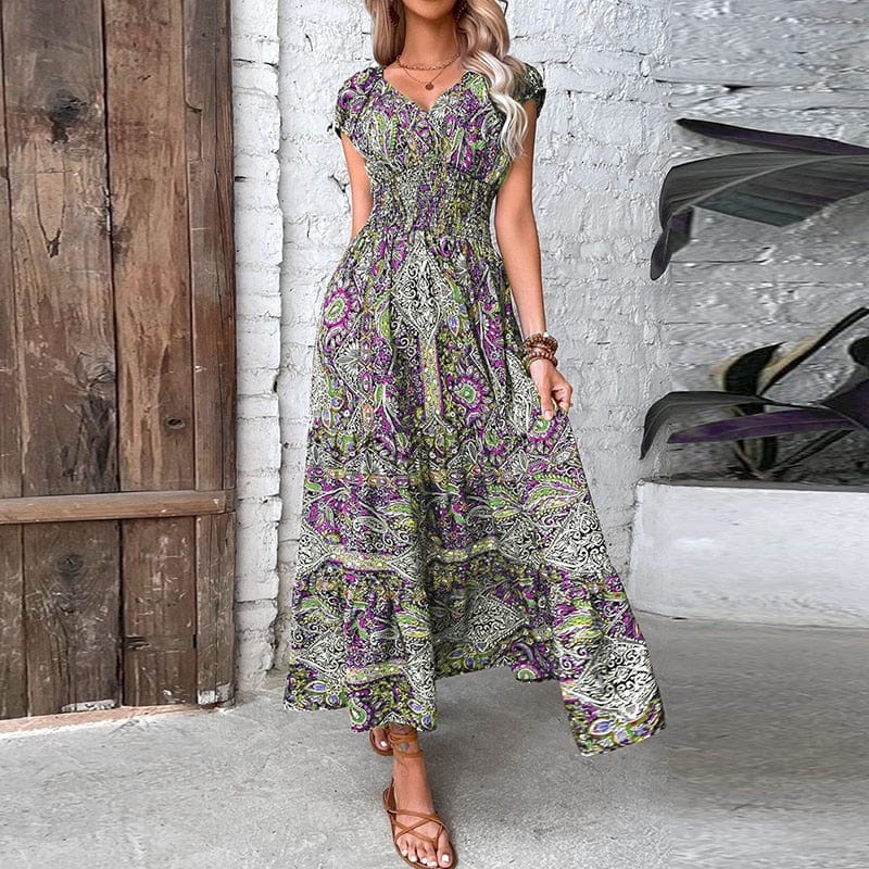Airy women's maxi dress with ethnic print & V-neck – Nayeli-Purple-S-State of Style
