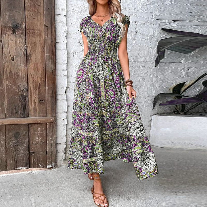 Airy women's maxi dress with ethnic print & V-neck – Nayeli-Purple-S-State of Style