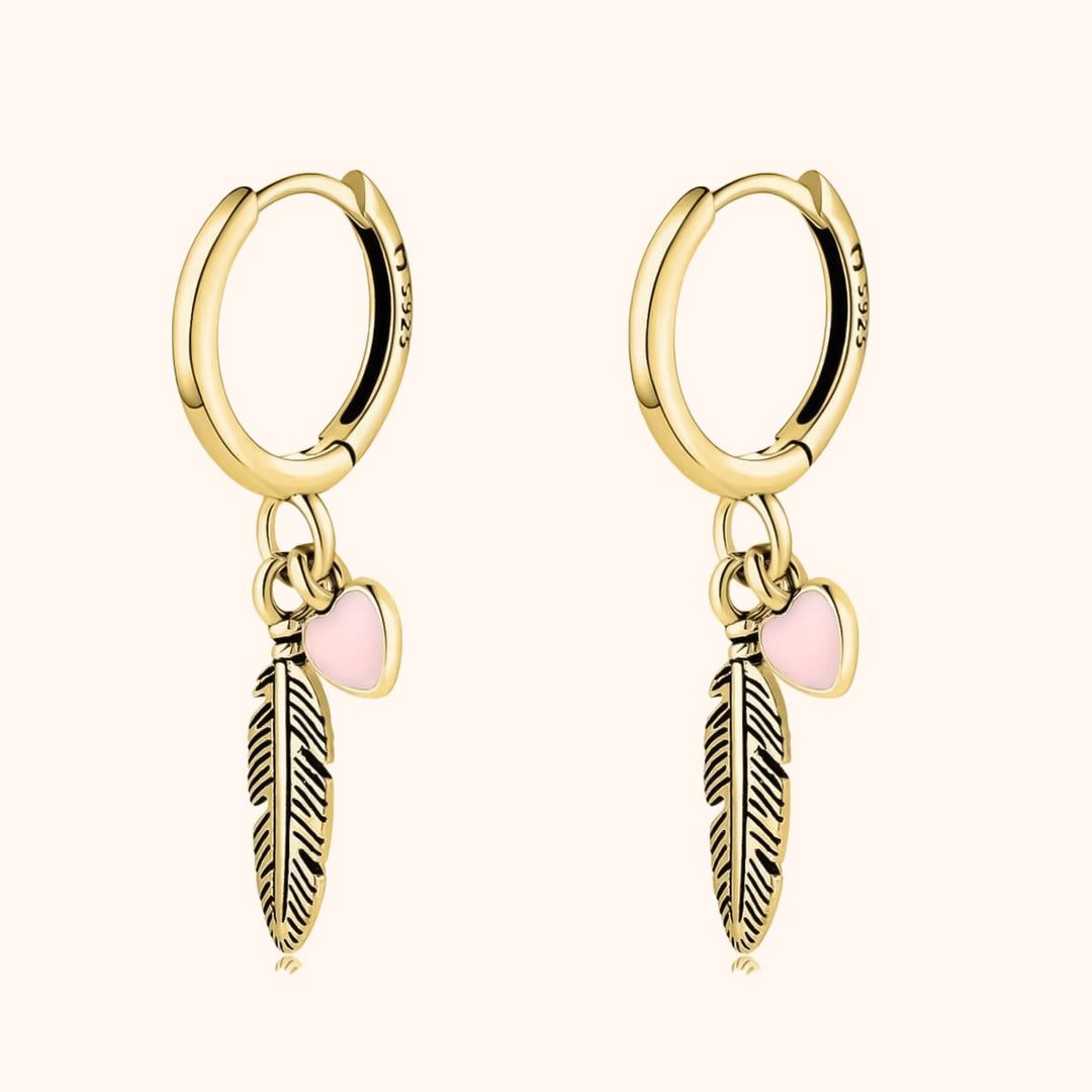 Althea Hoop Earrings with Feather and Heart-Gold-State of Style