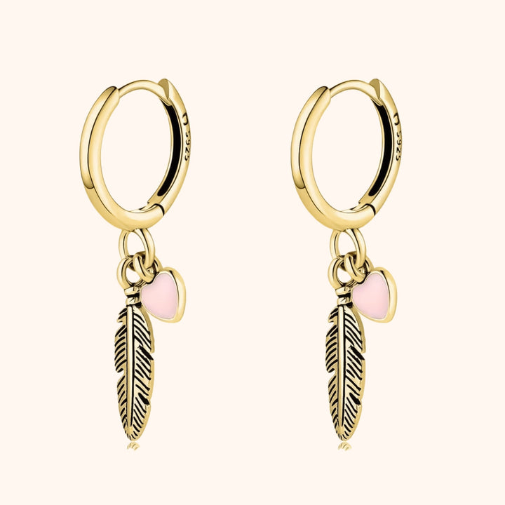 Althea Hoop Earrings with Feather and Heart-Gold-State of Style
