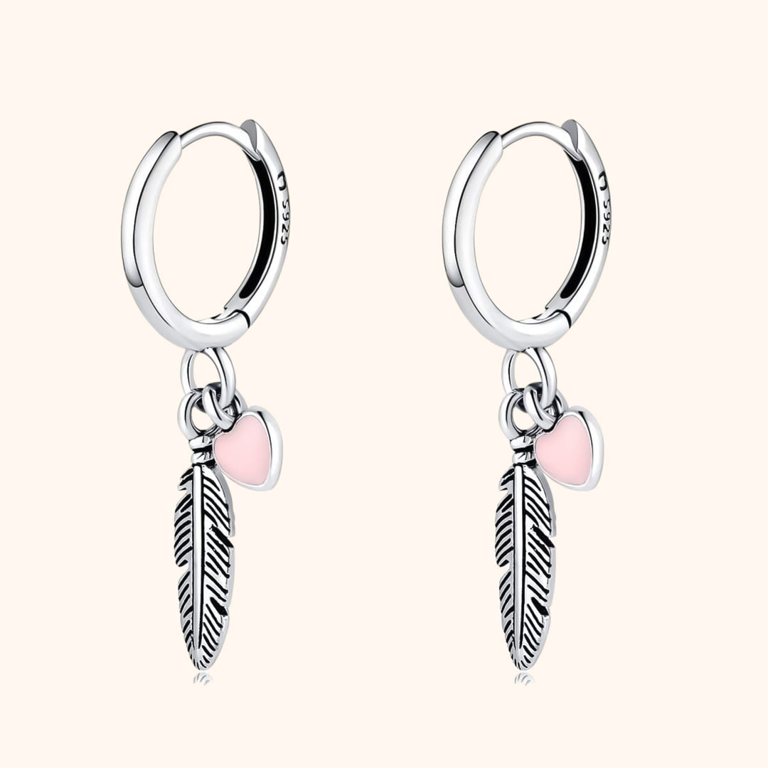 Althea Hoop Earrings with Feather and Heart-Silver-State of Style