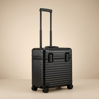 Black ribbed case with telescopic handle fully raised, shown at an angle on a beige studio background 11