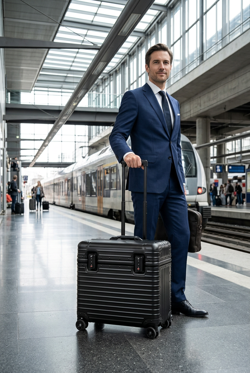 Man in a navy suit holds the handle of a black ribbed suitcase on a station platform 1