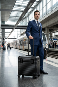 Man in a navy suit holds the handle of a black ribbed suitcase on a station platform 1